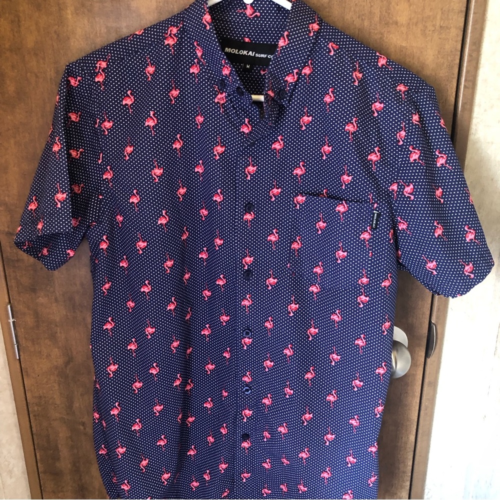 Molokai Surf Co.-M-Pink Flamingo Polka Dot Casual Shirt Cotton Short Sleeve -A